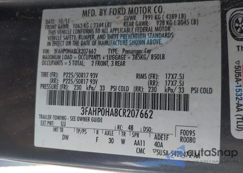 2012 Ford Fusion Se z USA, uszkodzony, nr VIN 3FAHP0HA8CR207662